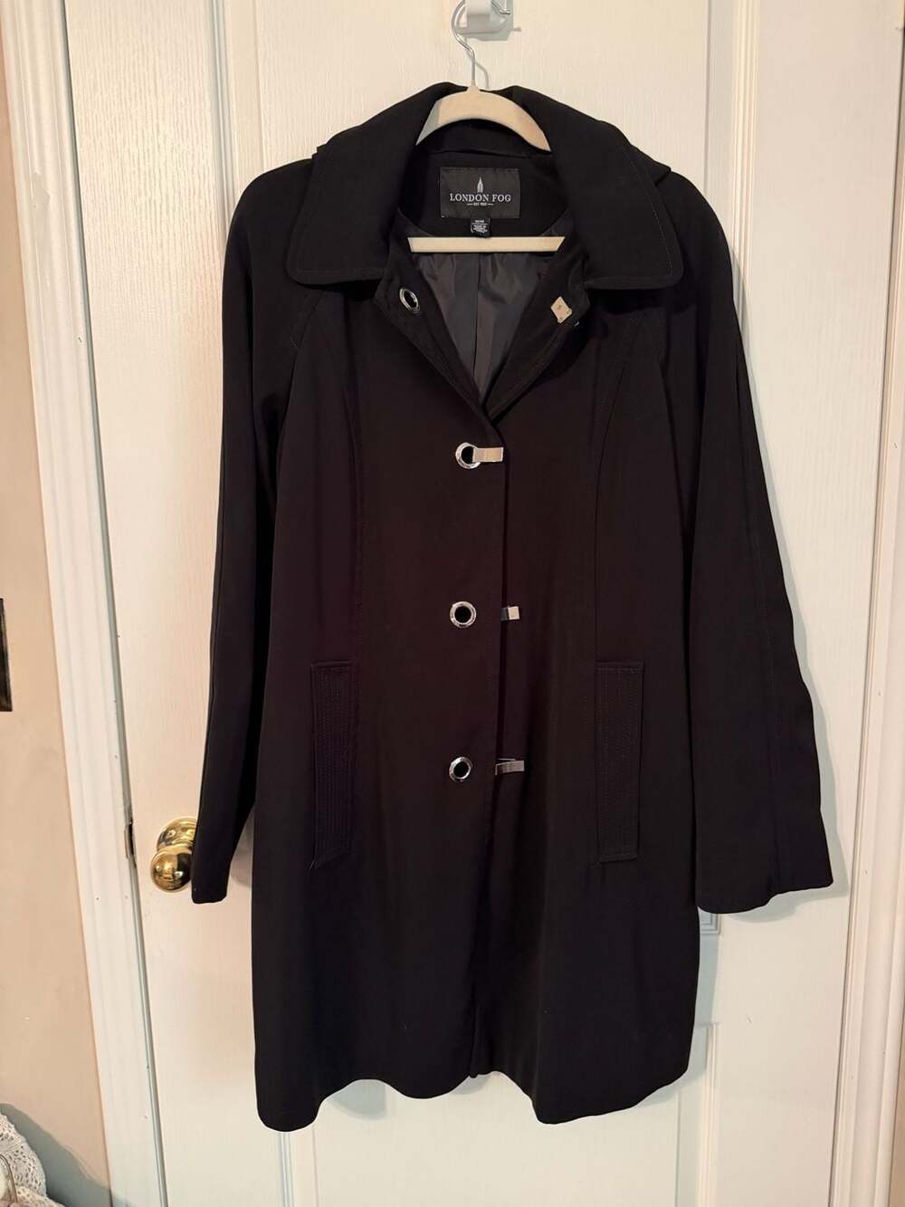 London Fog Black Hooded Trench Coat with Silver Clasp Closures Size M